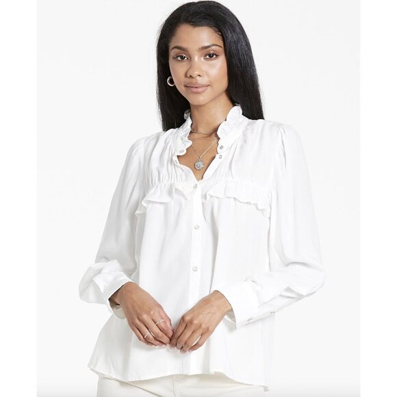 Dear John White Soft Ruffled Cottage Core Peasent Feminine L/S Large Blouse - Picture 1 of 12